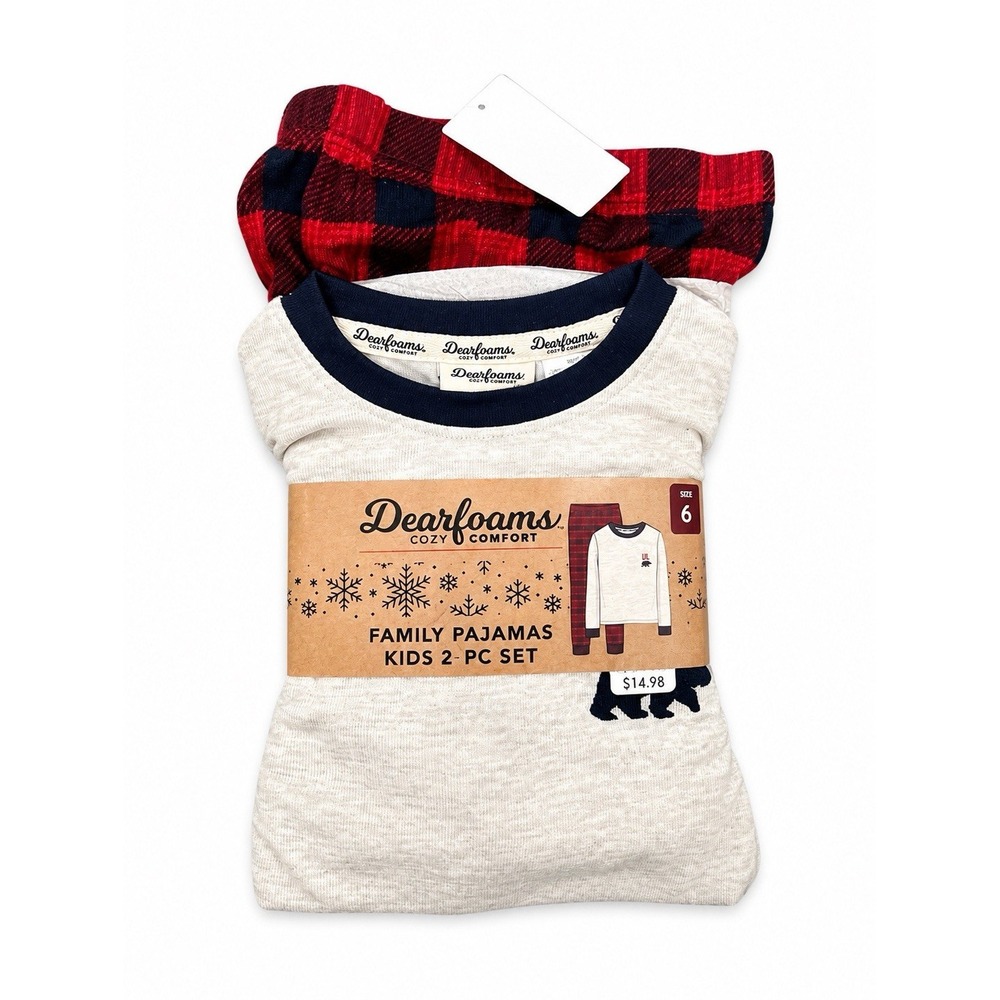 Dearfoams Kids 2-Pc Pajama Set Crewneck Long Sleeve Size 6 Red/Black Plaid